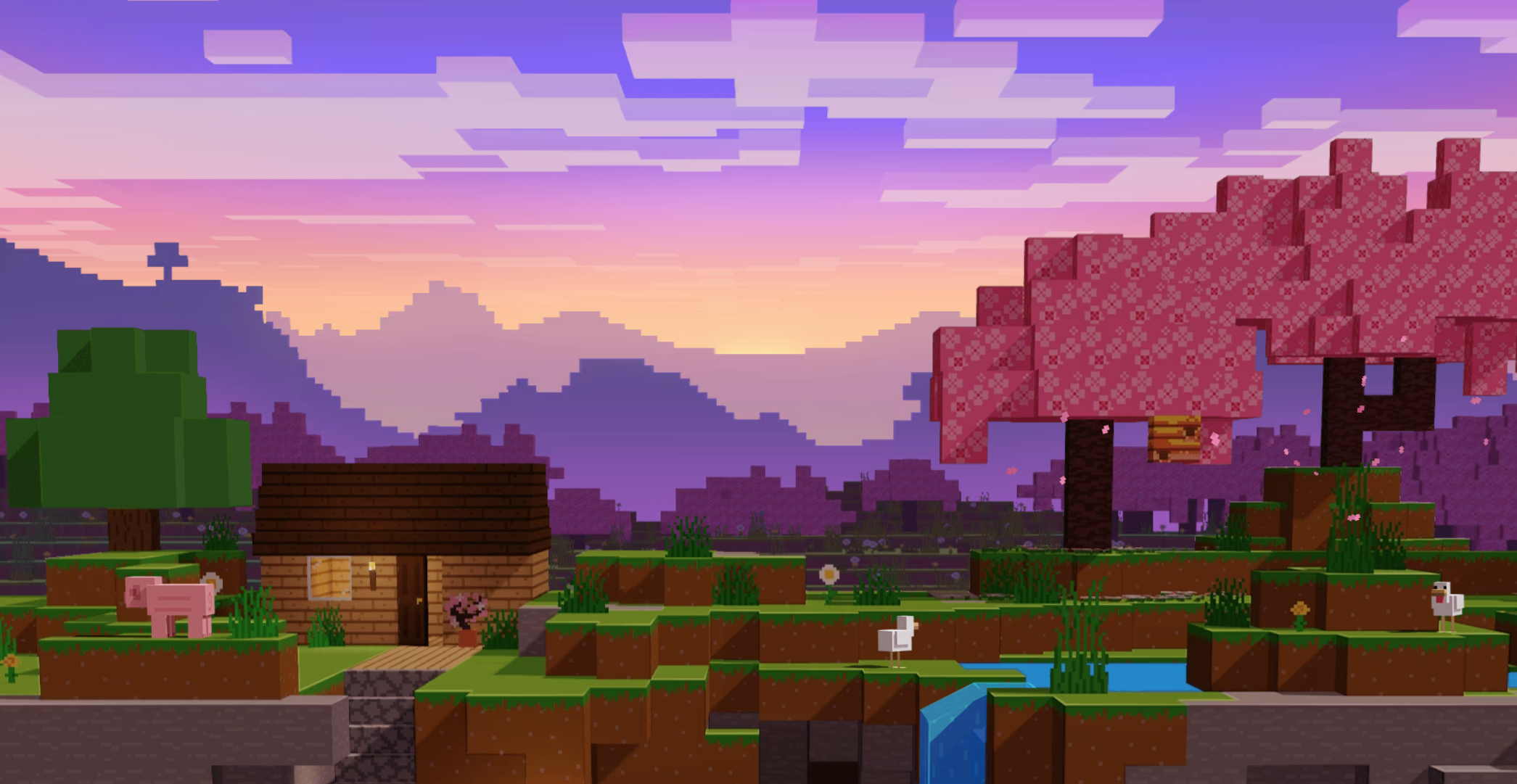 Minecraft background, with mincraft sakura tree with beehive, house and a pig